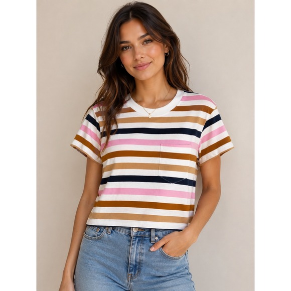 Madewell Tops - Madewell Womens XS Striped Pocket Tee Pink Brown Navy Crew Neck Short Sleeve Top